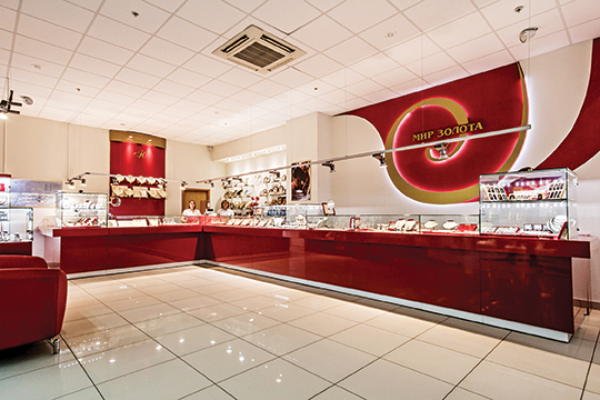 Лучшее оформление торгового зала. Салон в тц площадью торгового зала до 100 м2. Салон ювелирных изделий «Мир золота», Нижний Тагил