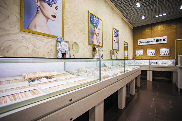 ЛУЧШЕЕ ОФОРМЛЕНИЕ ТОРГОВОГО ЗАЛА. Салон в торговом центре площадью торгового зала до 50 м2. Ювелирный бутик «Золотой ВЕК», Воронеж